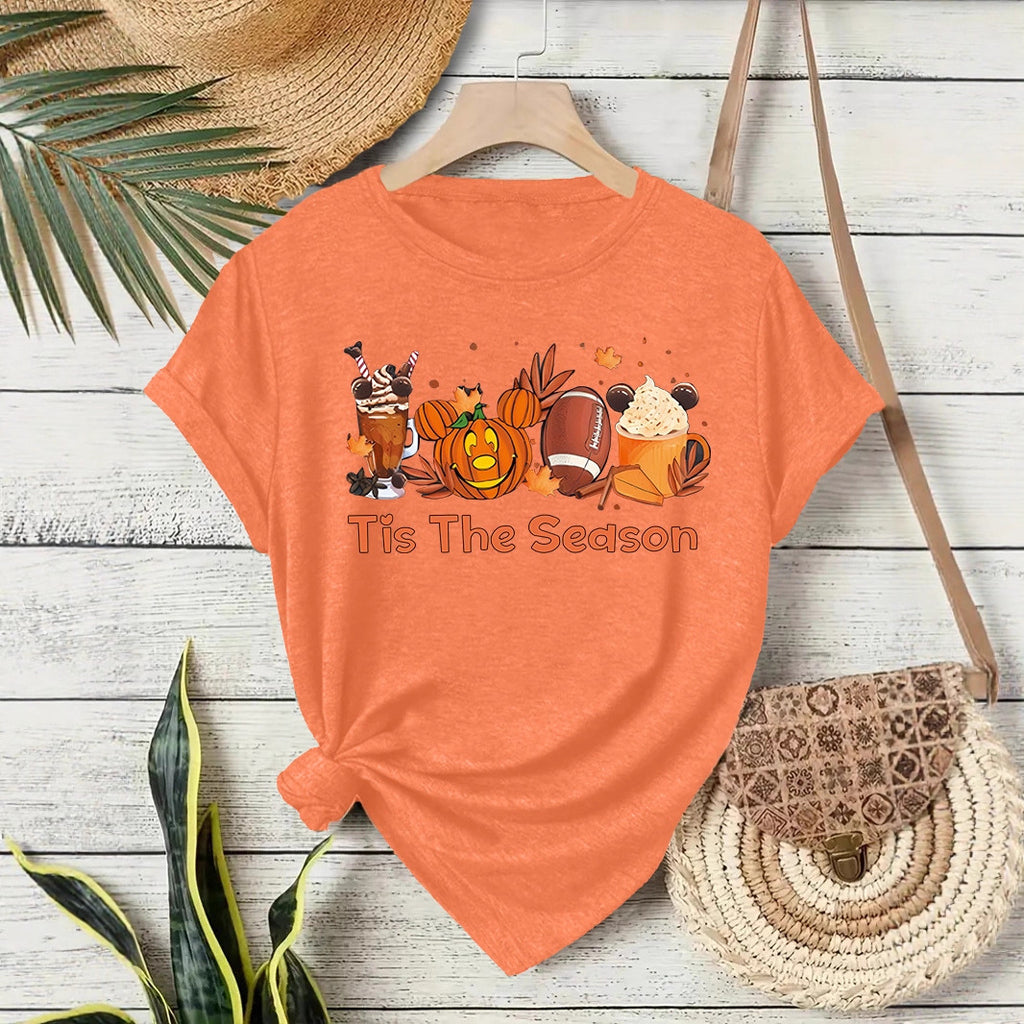 T-shirt pumpkin coffee latte round neck pullover short sleeved shirt