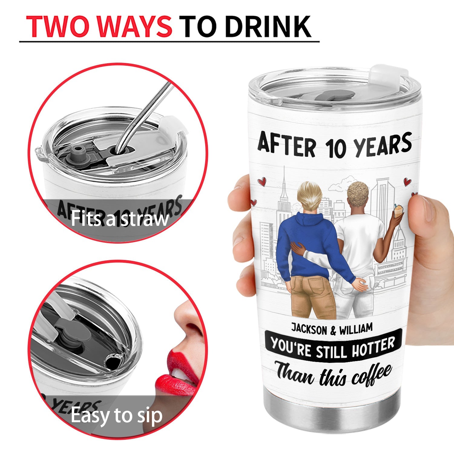 Couple's anniversary gift: Stainless steel tumbler with "After 10 Years" message, double-wall insulated.